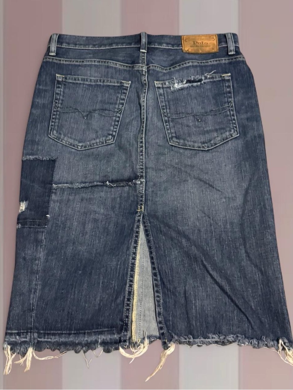 Polo Ralph Lauren Denim Patchwork Distressed Detail Midi Skirt